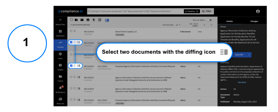 Select two documents with the diffing icon